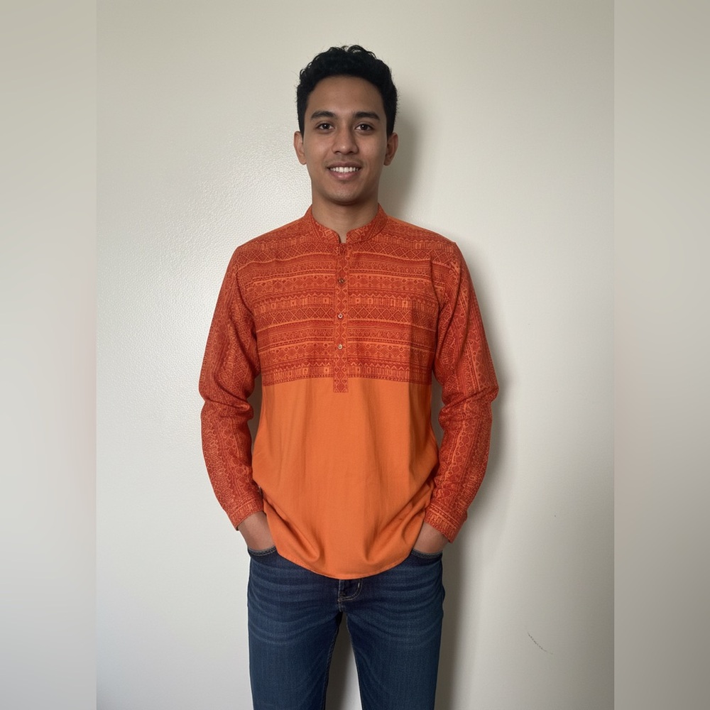 Men’s Ethnic Kurta Shirt Size 44 Orange Tribal Pattern Long Sleeve Handmade